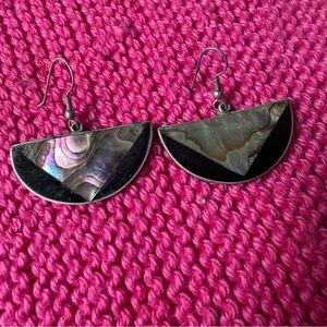 Vintage Alpaca Silver Mexican Black Enamel & Abalone Shell Dangle Drop Earrings